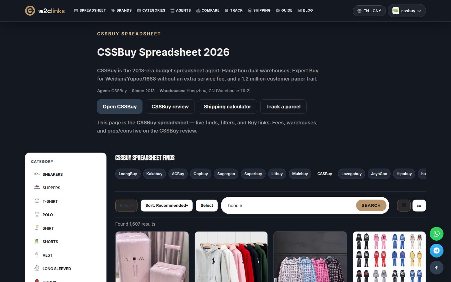Búsqueda de hoodie en el catálogo CSSBuy de w2clinks