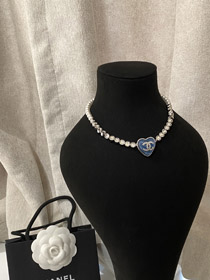 Chanel azul corazón perla strass collar-3594  