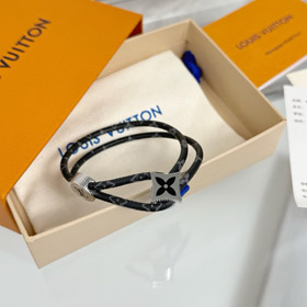 Louis Vuitton LV carta floral negro cuero hebilla pulsera-3640  
