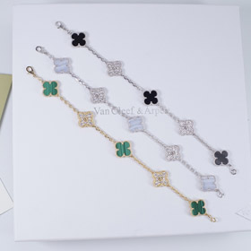 Van Cleef & Arpels incrustado diamante malaquita flor verde blanco y negro cinco flores pulsera-3699