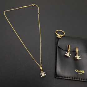Celine Oro Arco de Triunfo Completo Diamante Logo Collar Pendientes-3736