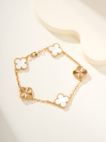Van Cleef & Arpels Blanco Madre de Perla Oro Cinco Flores Cuatro Hojas Trípol Pulsera-3758  