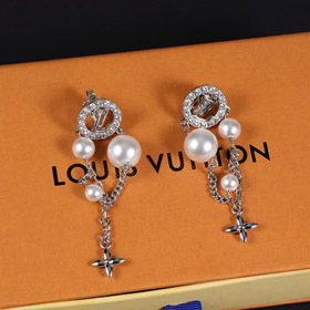 Louis Vuitton LV plata letra diamante perla borla pendientes-3865